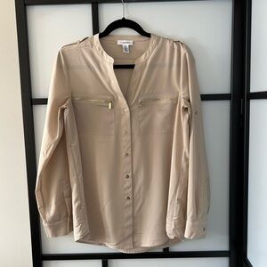 [S] Calvin Klein Beige Button Down Long Sleeve Lightweight Blouse Gold Hardware